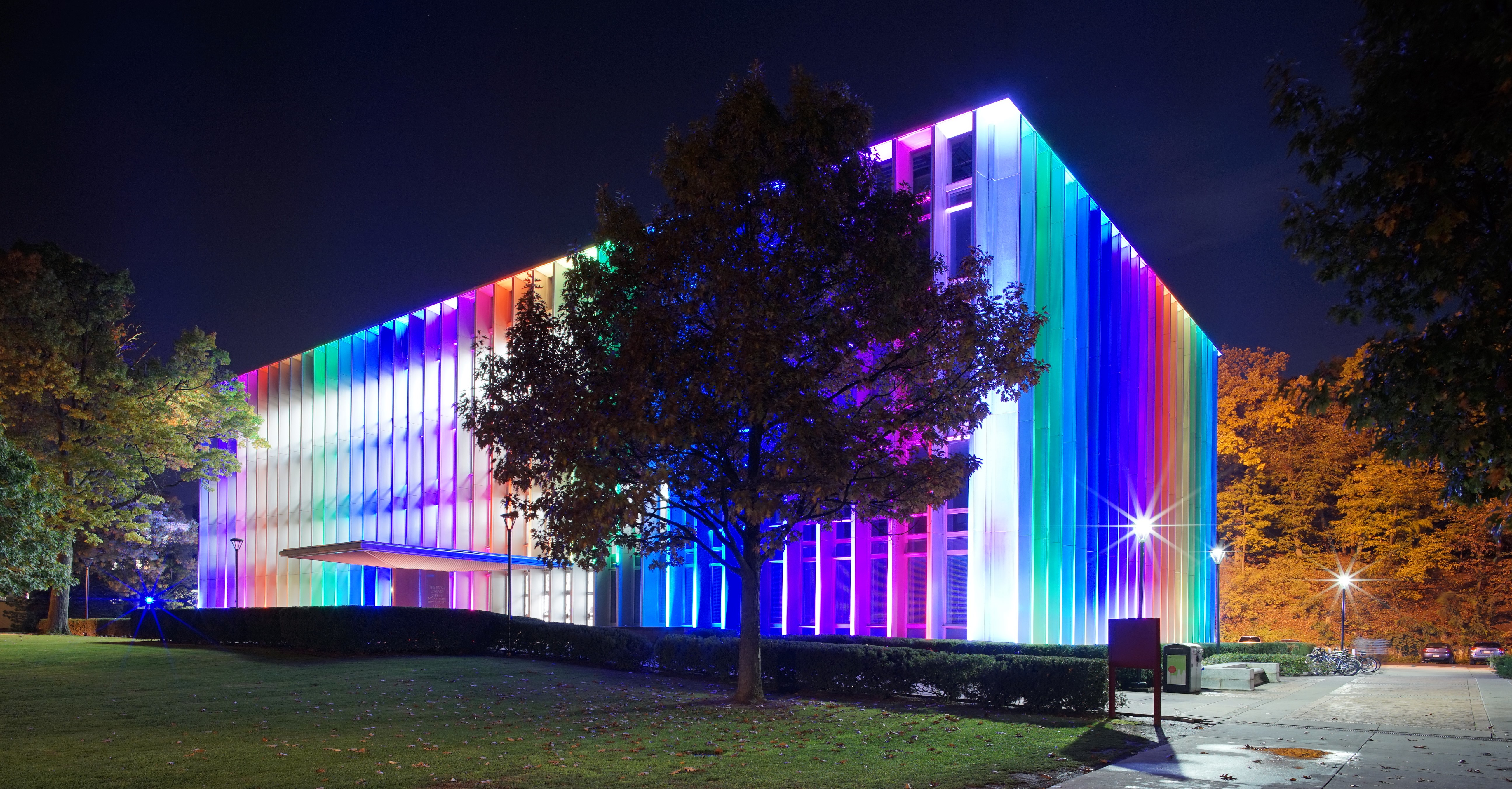rainbow-lit library building